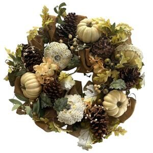 Rustic Fall Wreath With Pumpkins Pinecones & Burlap Ribbon 22"